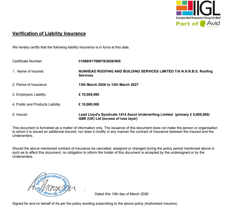N.H.R.B.S. public and employers liability insurance certificate